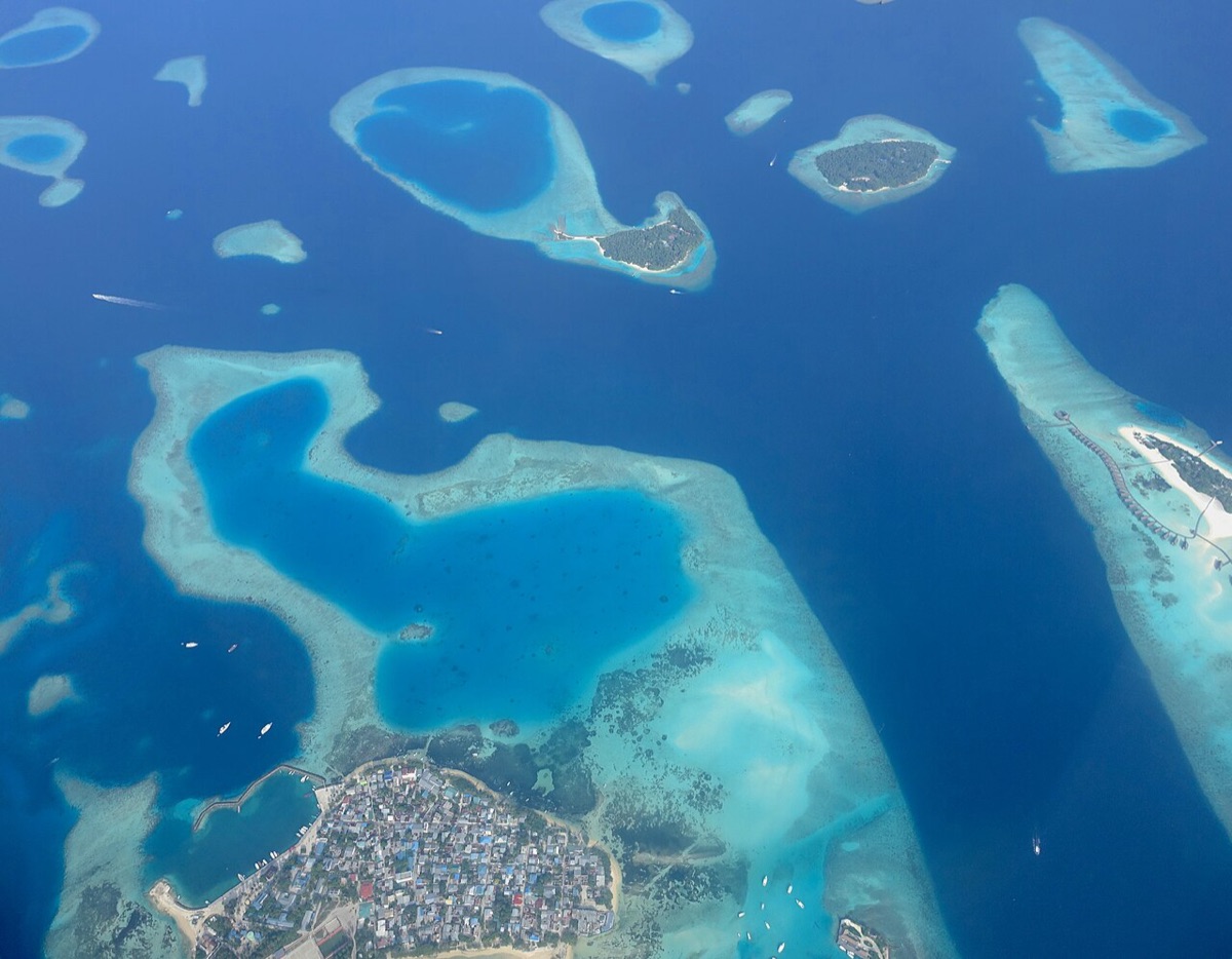Maldives — aerial view of turquoise atolls and reef islands